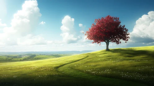 Solitary crimson tree sketches quiet dreams across hillsides