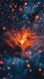 Volumetric orange particles erupt against deep cyan bokeh field