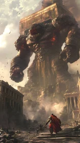 Lone warrior confronting a colossal molten titan rupture.