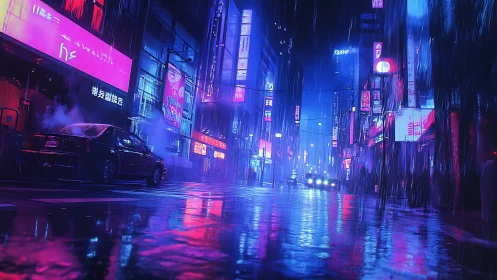 Neon rain polishes a cyberpunk street into electric glass
