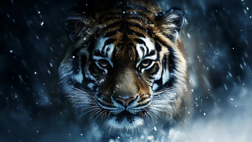 Snowlit tiger gaze moving through a stormy midnight hush.