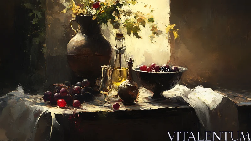 Oil still life with fruit, glass and jug in window light.