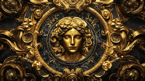 Baroque gilded female medallion anchors ornate sculptural relief