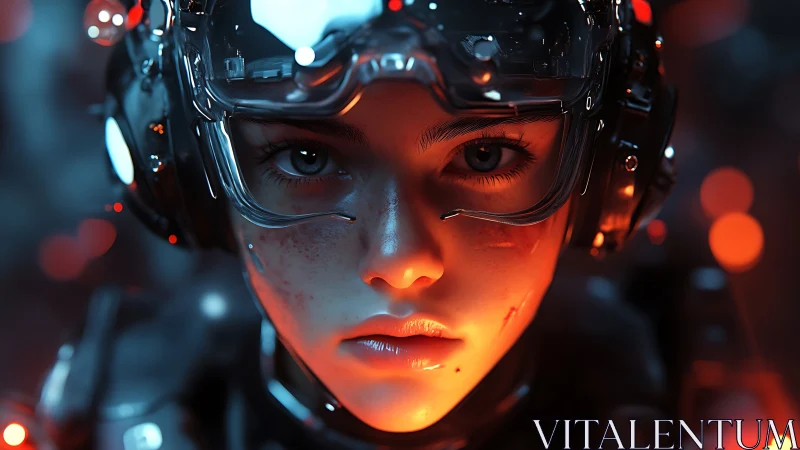 Close portrait of cybernetic soldier in glowing headset gear.