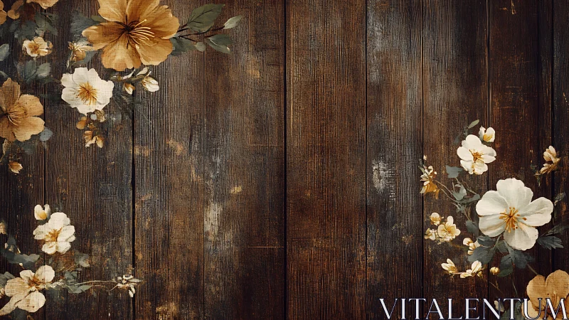 White and Gold Flowers on Weathered Dark Wood Surface.