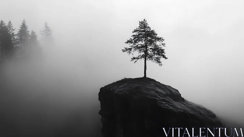 Lone pine on foggy cliff in stark monochrome stillness.