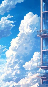 High rise glass balcony overlooking volumetric cumulus clouds