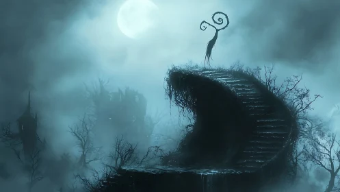 Curved stone stairway in fog with lone figure at moonlit peak.