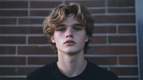 Shallow-depth portrait isolates youthful subject against brick wall