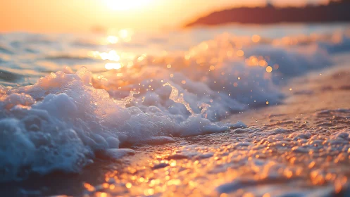 Low angle coastal wave foam under warm sunset light.