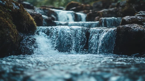 Mountain cascade pours over mossy rocks in soft focus.