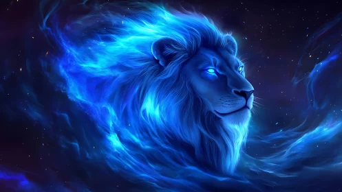 Plasma-lit astral lion head rendered in luminous nebular blues.