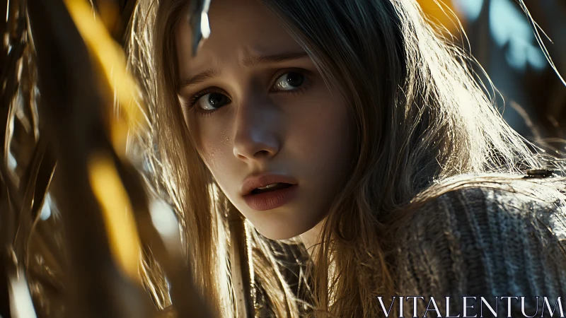 Worried young girl in close-up outdoor portrait scene.