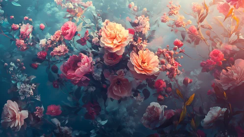 Dreamy Garden of Blooming Roses in Soft Coral and Rose Tones