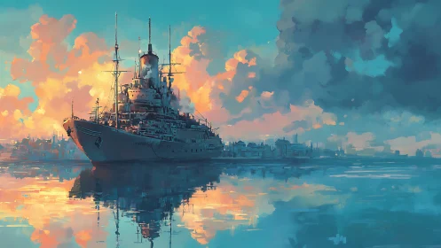 Warship rests in luminous harbor beneath painted clouds.