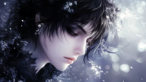 Side profile of stylized figure with dark hair and petals.