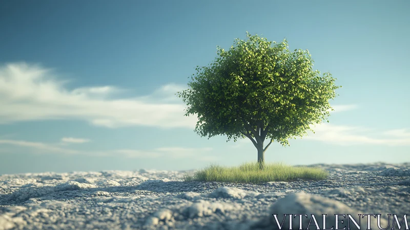 Lone Green Tree on Rocky Ground in Soft Sunlight, Realistic Style.
