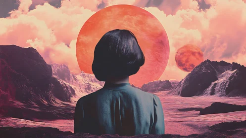 Solitary observer under twin crimson suns on alien shore.