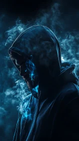 Hooded silhouette adrift in electric blue cyber smoke.
