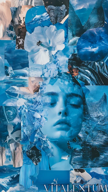 Cerulean dreamscape portrait in fragmented oceanic collage.