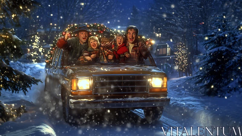 Family in station wagon under winter holiday lights at night.