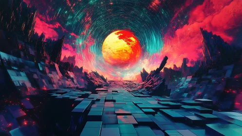 Neon cosmic gateway over a shifting digital horizon.