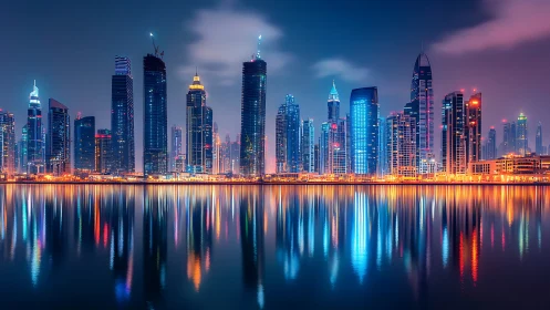 Neon city skyline mirrored in calm midnight waters.