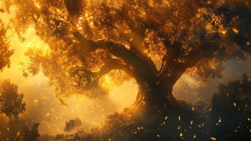 Ancient Tree Erupts in Golden Brilliance Through Twilight Mist