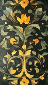 Ornate vertical floral arabesque with golden stylized blossoms