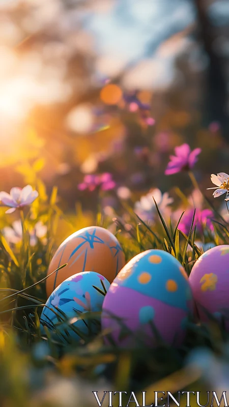 Sunlit meadow of painted Easter eggs and dreamy blossoms.