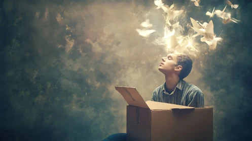 Boy in cardboard box with glowing birds of imagination.