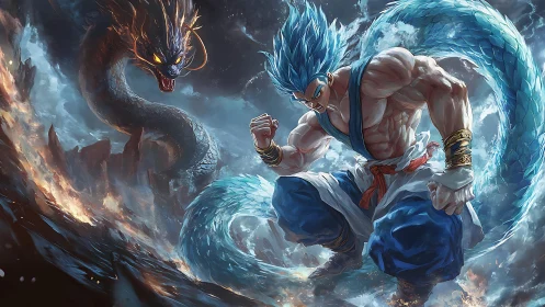 Muscular blue‑haired warrior confronts serpentine energy dragon in storm