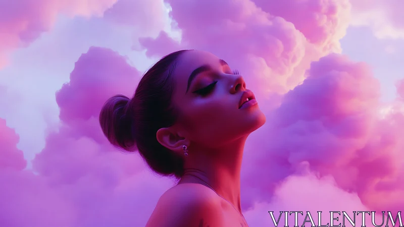 Dreamy woman drifting through glowing cotton-candy clouds.