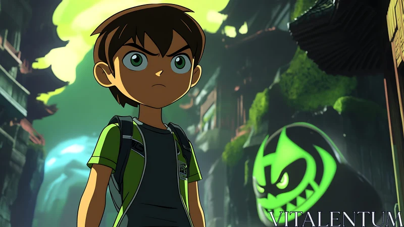 Determined boy hero stands ready in a glowing neon city