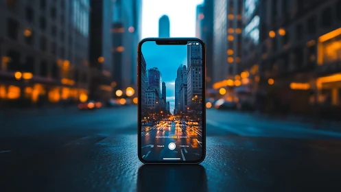 Smartphone captures glowing city street in dusk perspective