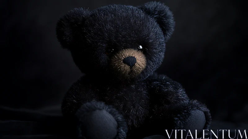 Studio portrait of plush black teddy bear with soft rim light.