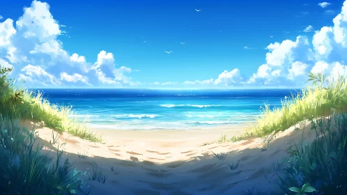 High-saturation digital seascape renders dune-framed shoreline