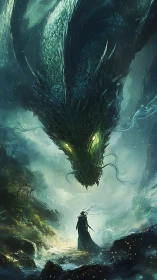 Vertical illustration shows robed figure facing large dragon