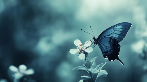 Blue butterfly rests on small white flower in soft focus