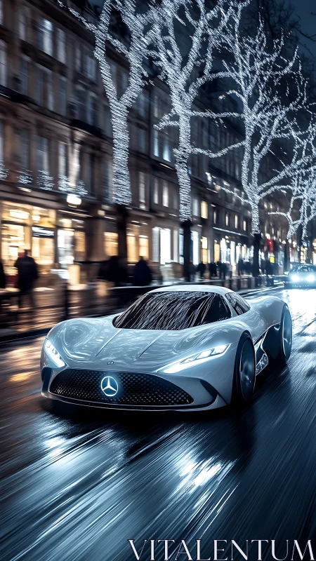 Futuristic silver hypercar glides through a rain-soaked city night