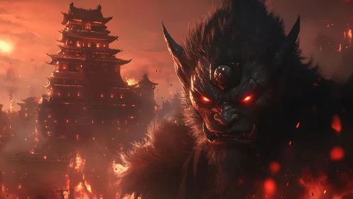 Demonic beast before burning pagoda under red sky period.