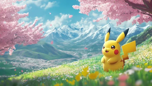 Pikachu enjoys serene spring meadow under cherry blossoms.