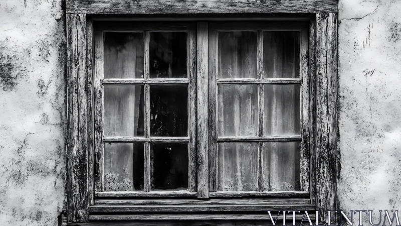 Weathered double sash window in monochrome, decayed timber frame