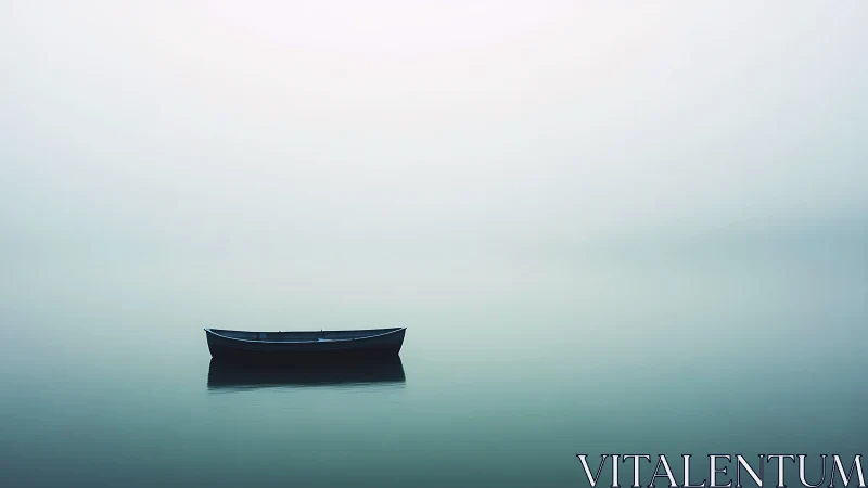 Solitary rowboat on still water under pale foggy sky.