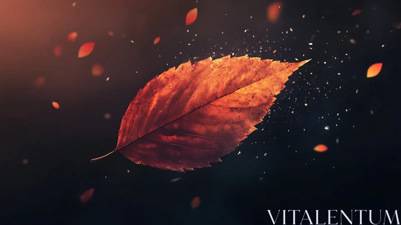 Autumn leaf drifts through dark bokeh with ember sparks.