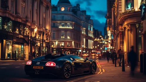 Supercar glows under evening lights on luxury city street.