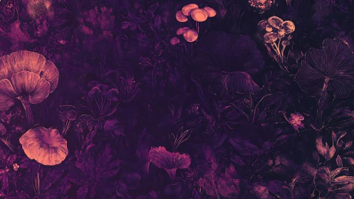 Neon mushrooms glow softly within a deep violet forest dream