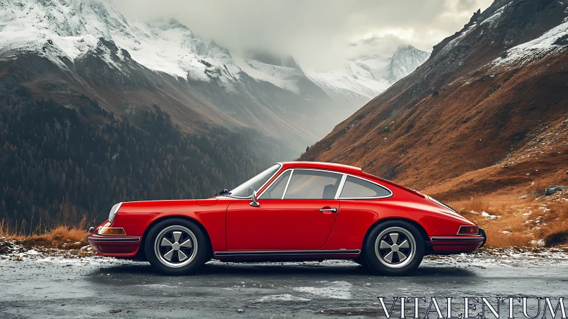 Crimson classic coupe paused in a quiet snowy mountain pass.