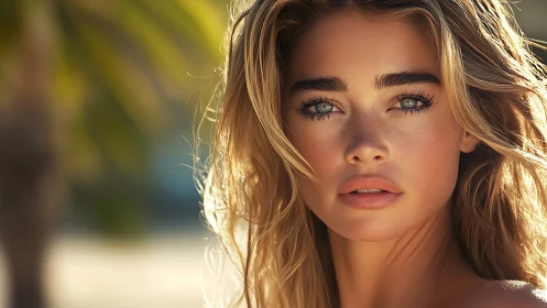 Sunlit beach portrait captures an intense, contemplative gaze