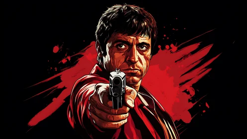 Illustrated male figure points handgun toward the viewer